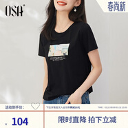 歐莎（OSA）白色短款T恤女士夏季新款衣服短袖印花顯瘦正肩上衣體恤修身 黑色 S