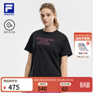 斐樂(lè )（FILA）孫千同款|官方女裝針織短袖衫2026夏新款健身運動(dòng)撞色字母寬松T恤 深黑-BK S 160/80A/S