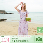 三彩2025夏季新款木耳邊荷葉袖蝴蝶印花雪紡連衣裙大擺長(cháng)裙M 淡紫色花卉 M 160/84A