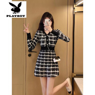 花花公子（PLAYBOY）小香風(fēng)黑白格子針織連衣裙女秋冬配大衣小個(gè)子收腰顯瘦包臀毛衣裙 短款衣長(cháng)80左右 S