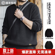 馬登工裝美式復古豎條紋亨利領(lǐng)毛衣寬松加厚黑色打底針織衫男春冬 黑色 -3扣版 【毛衣男高級感/毛線(xiàn)衣/針織外套男】 M 【寬松版型,可拍小一碼】