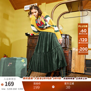 兩三事絲絨半身裙春季女黑色百褶裙裙子復古半裙長(cháng)裙 開(kāi)心自轉體 綠色 厚款 S