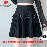 皮爾卡丹蝴蝶結針織半身裙女秋冬新款高腰顯瘦百褶裙松緊腰小個(gè)子a字短裙 黑色【專(zhuān)柜品質(zhì)】 M 建議95-105斤