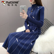 啄木鳥(niǎo)（TUCANO）2025秋冬裝新款韓版中長(cháng)款連衣裙女裝半高領(lǐng)過(guò)膝針織打底衫毛衣裙 藍色 M