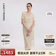 朗姿25設計感氣質(zhì)修身蕾絲刺繡收腰女裙春秋新款重工禮服連衣裙女 蛋黃白色 M