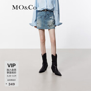 MO&Co.牛仔短裙夏航海趣味個(gè)性涂鴉洗磨剪邊高腰手工袋邊破洞摩安珂 牛仔藍色 S 160