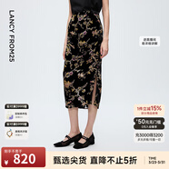 朗姿100真絲復古絲絨印花半身裙中國風(fēng)包臀裙冬季新款 黑色 XL