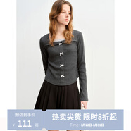 獨束大碼女裝氣質(zhì)蕾絲拼接假兩件T恤2024秋季新款方領(lǐng)蝴蝶結內搭 深麻灰 XL (尺碼：3)