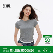 森馬短袖T恤女夏短款假兩件撞色修身褶皺顯瘦小心機百搭簡(jiǎn)約衣服 灰白色調00040 S