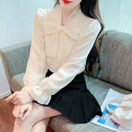 月袖加絨法式V領(lǐng)蝴蝶結蕾絲襯衫女秋冬季設計感小眾喇叭長(cháng)袖打底上衣 場(chǎng) 常規-有內襯-2260 M 95-105斤