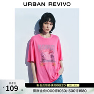 UR秋季新款女裝休閑度假感印花寬松短袖T恤UYL450104 玫紅 XS