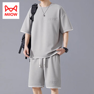 貓人（MiiOW）冰絲休閑套裝男夏季運動(dòng)短褲寬松短袖t恤潮流百搭兩件套 01灰色【冰絲套裝】 M