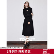 初語(yǔ)紅色半高領(lǐng)針織連衣裙女2024秋冬新款鏤空a字長(cháng)裙子毛織裙 黑色 L