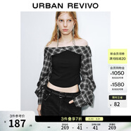 UR2026春季新款女格紋鉆飾一字領(lǐng)修身罩衫襯衫UWJ250066+ 黑色格子 (注意洗滌) XL