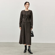 塔馳密司（touchmiss）優(yōu)雅通勤圓領(lǐng)單排扣彈力開(kāi)衫橡筋腰頭A字半身裙含綿羊毛套裝 可可棕 均碼 JM