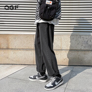 QGF牛仔褲女韓版直筒拖地春秋寬松闊腿褲子學(xué)生夏季百搭薄款九分長(cháng)褲 黑色 L