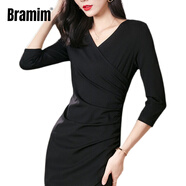 Bramim國際一線(xiàn)品牌黑色包臀連衣裙新款V領(lǐng)一步裙中長(cháng)款黑色收 黑色 S