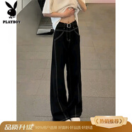 花花公子（PLAYBOY）cleanfit黑色彎刀微喇牛仔褲男款春秋vibe美式修身直筒休閑長(cháng)褲子 【升級款】B45-黑色 S