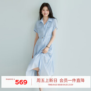 伊芙麗（eifini）朱珠代言醋酸腰帶收腰蛋糕A擺通勤襯衫式連衣裙女2026新款 天空藍 預售 S 80-105斤