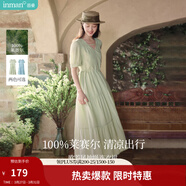 茵曼（INMAN）法式薄荷曼波連衣裙2024夏女裝新品V領(lǐng)燈籠袖抽繩 水沫綠 XL
