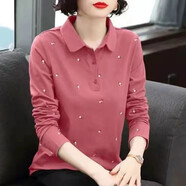 瑤珊純棉長(cháng)袖t恤女2025新款秋冬季時(shí)尚韓版修身百搭繡花上衣體恤衫潮 胭脂色# L 建議105-120斤