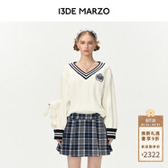 13DE MARZO女士 V領(lǐng)連體休閑百褶裙復古時(shí)尚氣質(zhì)百搭針織毛衣裙 白色 M