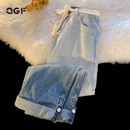 QGF 闊腿牛仔褲女新款漸變扎染oversize寬松直筒潮牌ins休閑卷邊褲子 藍色 M