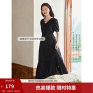 茵曼（INMAN）法式薄荷曼波連衣裙2024夏女裝新品V領(lǐng)燈籠袖抽繩 午夜黑 XL