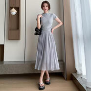 絲光半身裙女夏新款修身百褶垂墜飄逸韓版高腰松緊a字顯瘦中長(cháng)裙 灰色 均碼