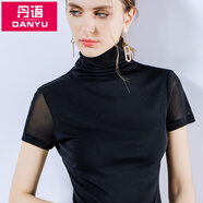 丹語簡約基礎(chǔ)款短袖t恤高領(lǐng)網(wǎng)紗打底衫女夏純色彈力上衣 黑色 L
