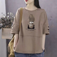 閑合漫 棉胖mm夏秋裝大碼半袖短袖T恤女裝寬松版小衫百搭女人上衣ins 背影女孩 卡其 4XL 建議160-180斤