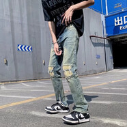 益帛牛仔褲男夏季新款韓版四條杠水洗做舊休閑直筒修身小腳長(zhǎng)褲子男裝 藍(lán)色膝蓋補(bǔ)丁 L【建議115-125斤】