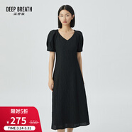 深呼吸DEEP BREATH女裝復古V領(lǐng)泡泡袖高腰連衣裙洋裝小黑裙8500148 黑 S (2)
