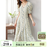 尚都比拉夏季法式碎花連衣裙泡泡袖茶歇裙氣質(zhì)女神范裙子 杏底藍花 M 