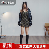 馬登復古綠格子吊帶裙休閑百搭V領(lǐng)連衣裙收腰設計拉鏈裙子女夏秋季 綠色格 M