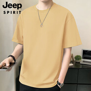 JEEP SPIRIT寶藍色棉質(zhì)短袖t恤男士夏薄款寬松大碼圓領(lǐng)時(shí)尚純色半袖體恤上衣 杏色A06 M 建議110-125斤