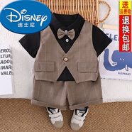 迪士尼（Disney）男童新款夏季夏裝寶寶兒童短袖馬甲洋氣兩件套西裝禮服套裝帥氣 黑色 假兩件大格子西裝 80