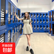 2026流行爆款學(xué)院風(fēng)V領(lǐng)格子裙收腰顯身材連衣裙A字短裙撞色泡泡袖 格子裙 XL