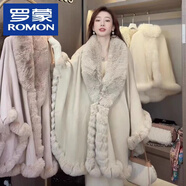 羅蒙（ROMON）2026秋冬新款毛毛領中長款洋氣斗篷披肩針織開衫外套女毛衣女 粉色 均碼