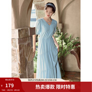 茵曼（INMAN）法式薄荷曼波連衣裙2024夏女裝新品V領(lǐng)燈籠袖抽繩 紺藍色 S