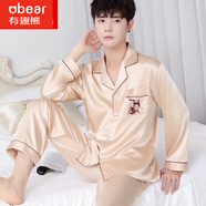 有趣熊睡衣男冰絲男士大碼夏季家居服仿真絲春秋款新品絲綢睡褲裝薄款 NSLQ-龍鳳款香檳雙長(cháng) 男-XL(168-178cm，120-145斤)