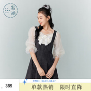 紫涵（ZIHAN）紫涵牛仔拼接網(wǎng)紗連衣裙女秋季法式甜美收腰顯瘦方領(lǐng)短裙 牛仔黑 XL