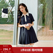 茵曼學(xué)院風(fēng)撞色翻領(lǐng)百褶連衣裙2025夏季女裝新品MIU系短袖裙子 寶藍色 S
