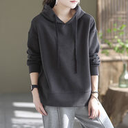 斐莉玥新款100%純棉寬松休閑外套衛(wèi)衣女百搭連帽大碼復(fù)古套頭上衣女春秋 灰色[純色] XL 建議110-130斤