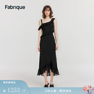Fabrique桑蠶絲不對稱(chēng)荷葉邊真絲連衣裙女夏季新品吊帶魚(yú)尾裙 黑色 XS