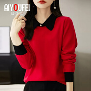璦優(yōu)霏（aiyoufei）新款洋氣娃娃領(lǐng)針織衫女春秋外穿寬松時(shí)尚毛衣女士上衣內(nèi)搭打底衫 黑領(lǐng)紅色 L建議105-115斤左右