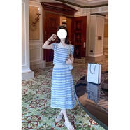 ANBIEM夏季溫柔風(fēng)娃娃領(lǐng)藍白條紋花邊拼接短袖針織上衣半身短長(cháng)裙兩件套 兩件套 短裙款 【專(zhuān)柜品質(zhì)】 XL 建議110-120斤