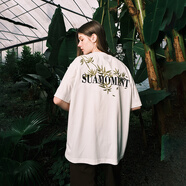 SuaMoment抓痕竹葉刺繡純棉短袖夏季男國風(fēng)休閑情侶寬松體恤上衣 白色 S