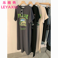 樂(lè )雅秀2025夏季新款美式字母印花長(cháng)裙女百搭顯瘦時(shí)髦過(guò)膝休閑寬松連衣裙 主圖款 XL 建議120-140斤