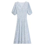 品質(zhì)茶歇法式雪紡碎花連衣裙女夏季氣質(zhì)領(lǐng)海邊度假裙 白底紫花 M